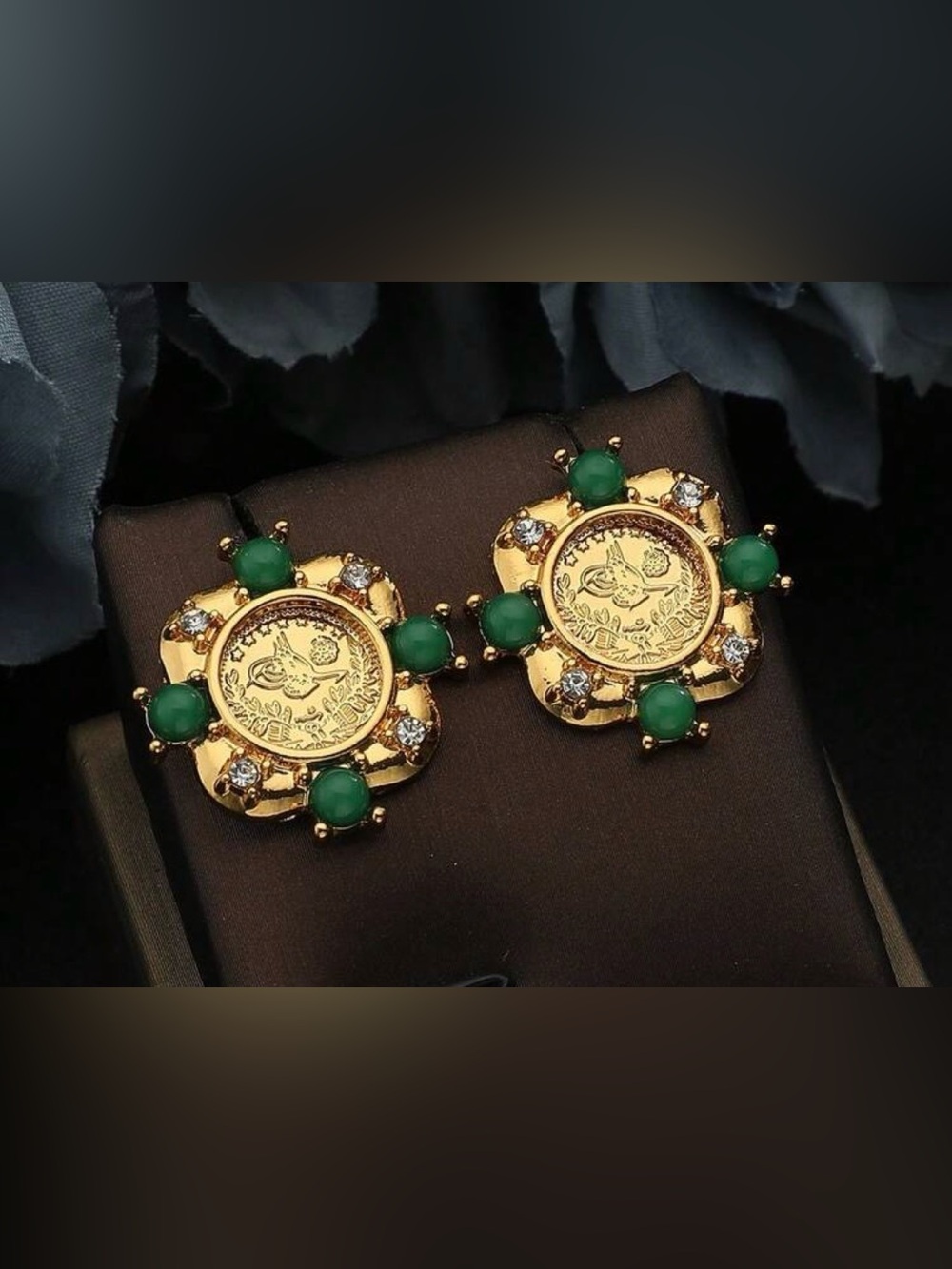 Gold-Tone Coin Drop Earrings with Green Gemstones